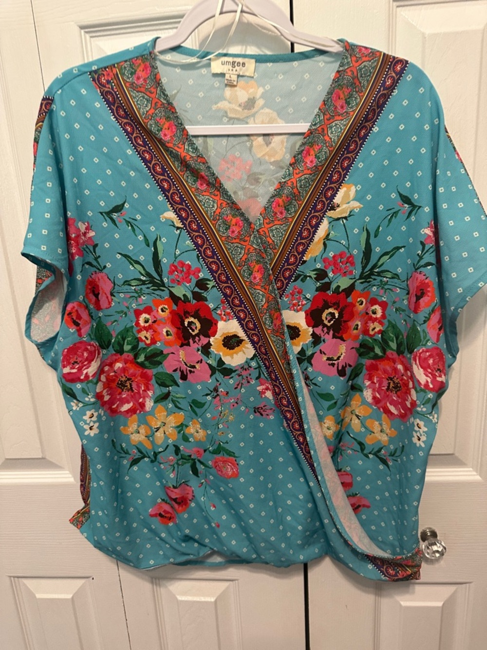 UMGEE Mixed Floral Print V-Neck Short Sleeve Top in Aqua Large - Picture 3 of 5